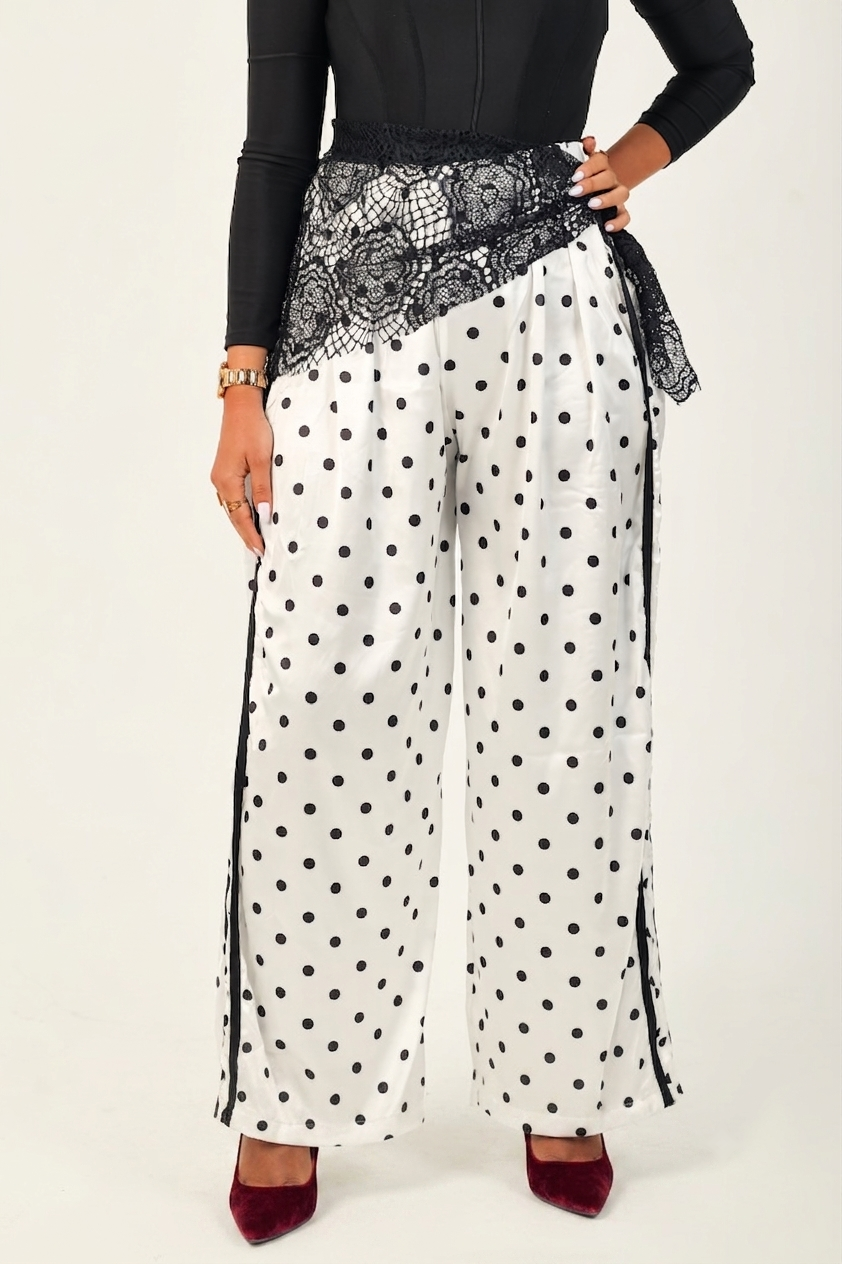 Polka Dot Wide-Leg Pants With Lace - White