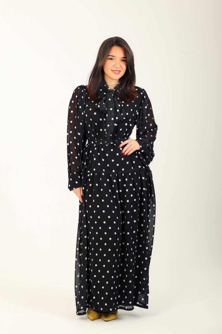 Polka Bow Maxi Dress Black