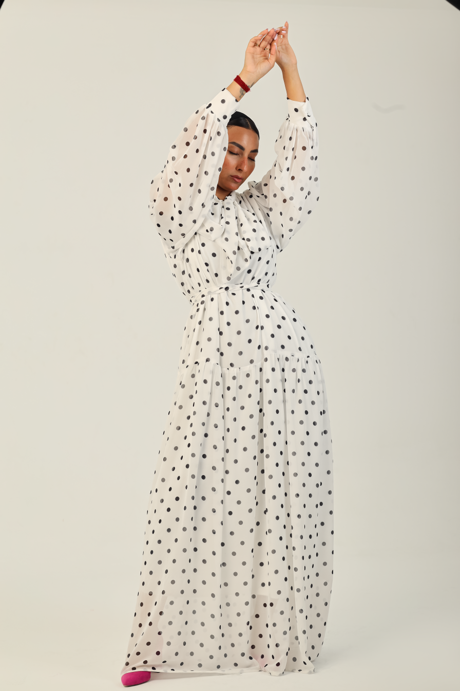 Polka Bow Maxi Dress White