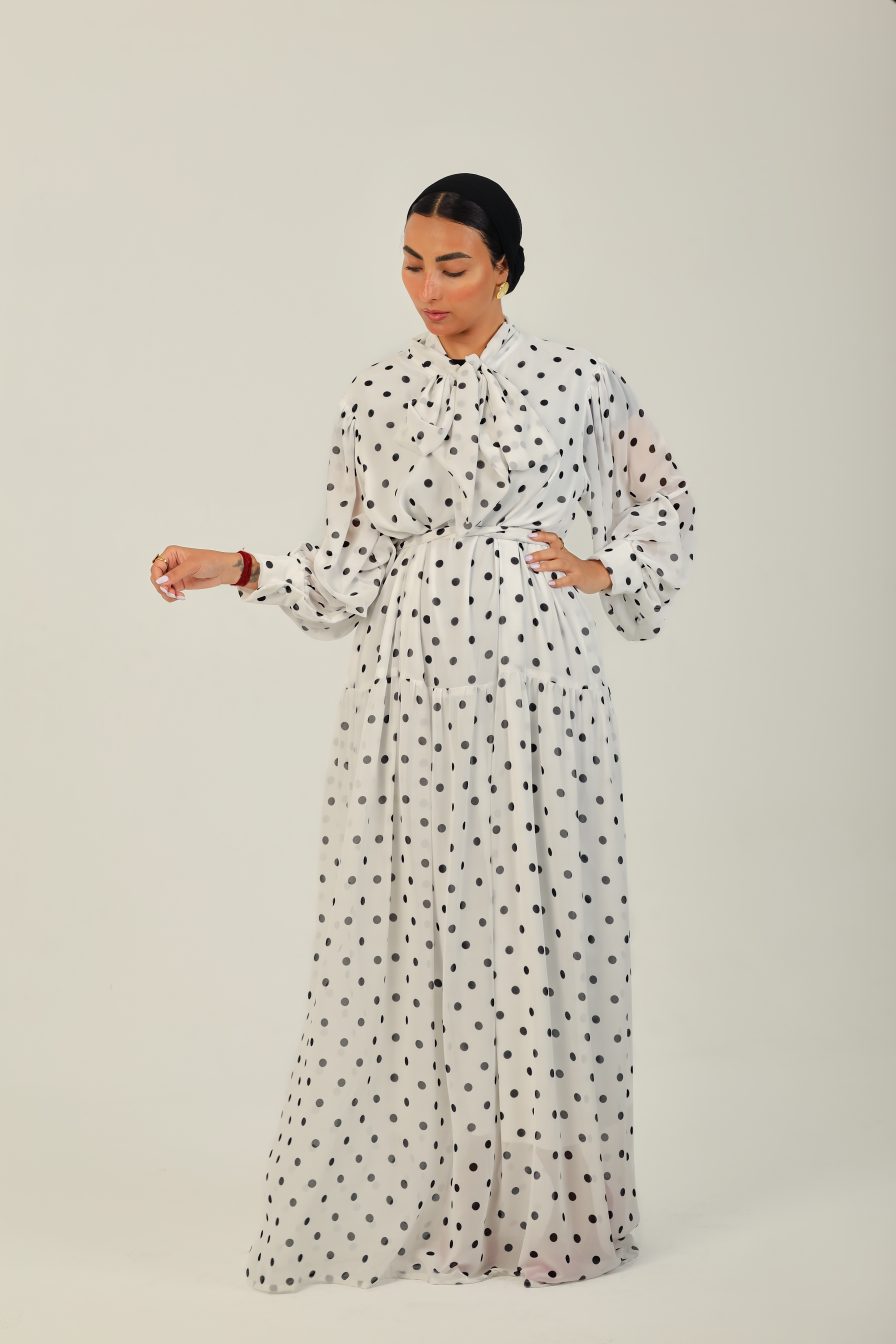 Polka Bow Maxi Dress White