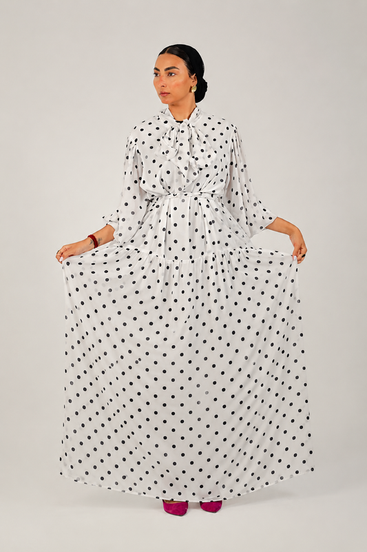 Polka Dot Maxi Dress With Bow Neck - White