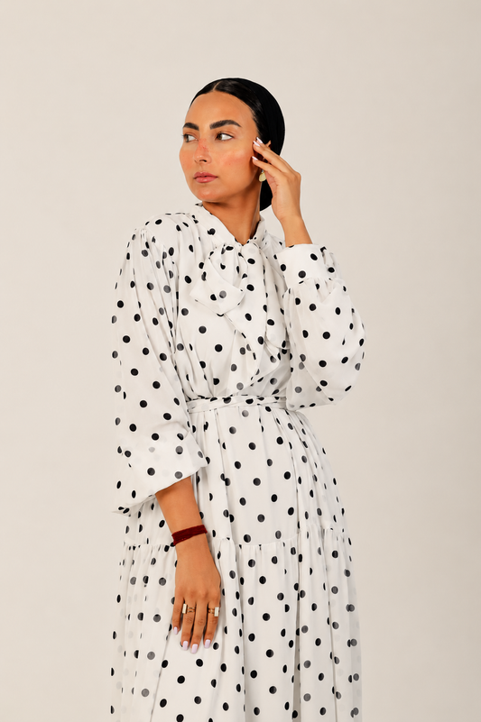 Polka Dot Maxi Dress With Bow Neck - White