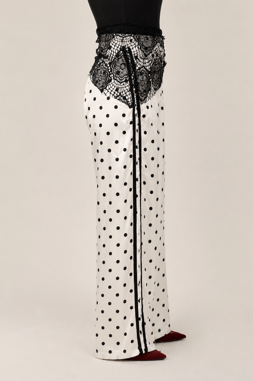 Polka Dot Wide-Leg Pants With Lace - White