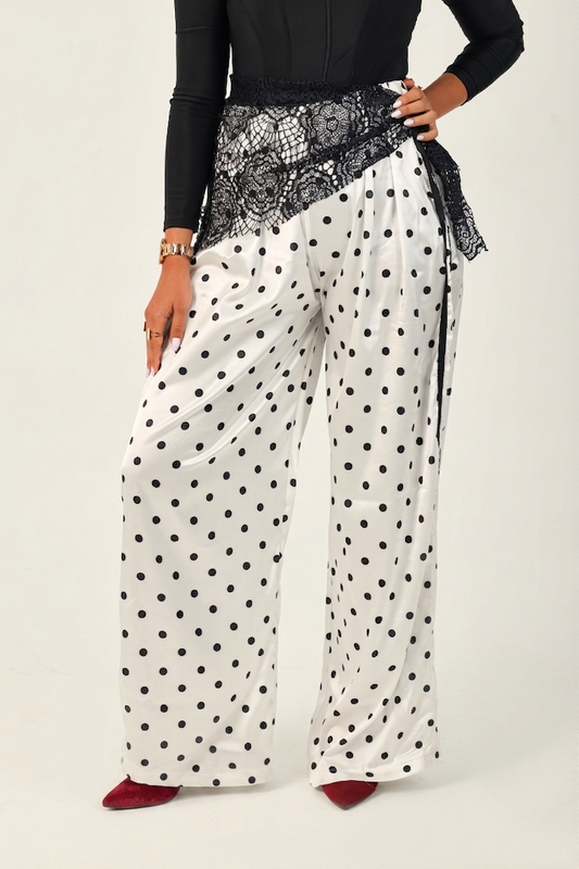 Polka Dot Wide-Leg Pants With Lace - White